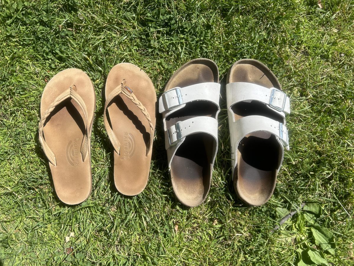 Rainbow Sandal “Flirty Braidy - Single Layer Premier Leather 1/2" Narrow Strap with Braid” and Birkenstock “Arizona Soft Footbed” are some of the most common summer shoes teens on campus choose to wear. Photo by Emma Phommarath. 