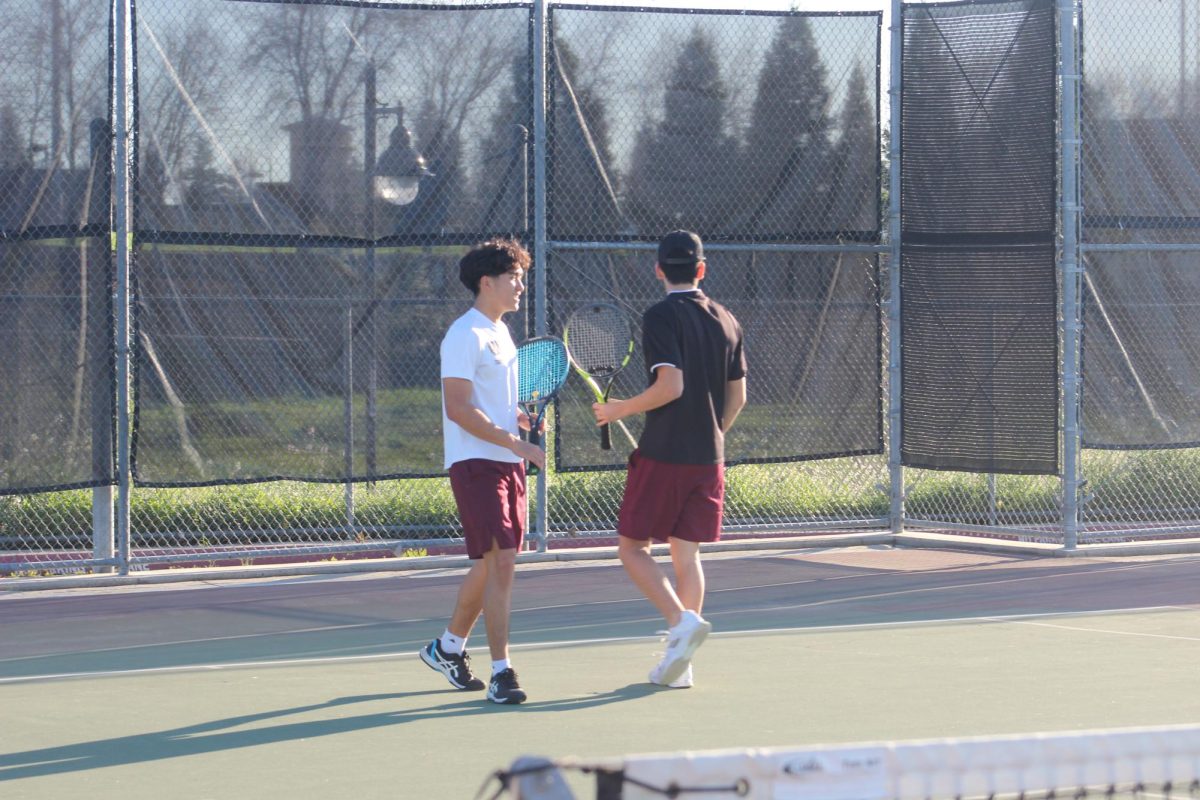 After scoring a point against Mountain House, Isaac Pham and Connor Ikeda high five each other. Photo by Mila Kljajin.